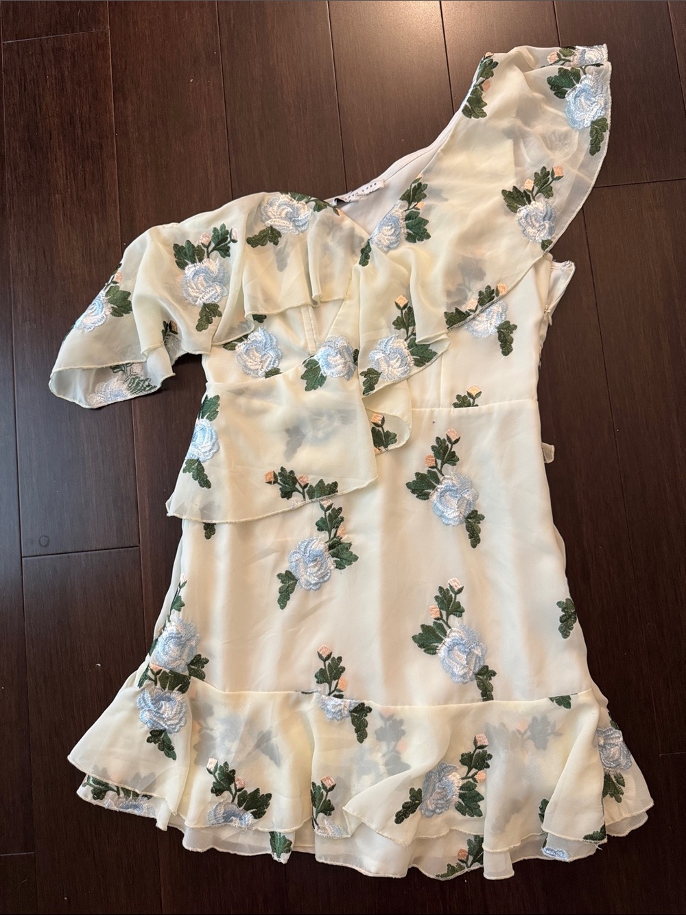 Cream One-Shoulder Floral Ruffle Dress